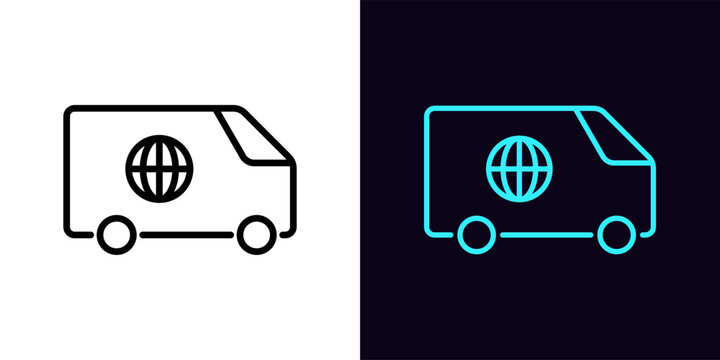 Outline delivery wagon icon, with editable stroke. Minivan with globe sign, international delivery. Global auto courier shipment, worldwide distribution service, world express shipping.