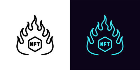 Outline hot NFT offer icon, with editable stroke. Fire frame with NFT sign, gaming token liquidation. Hot NFT collection, burning digital token, NFT marketplace, virtual cryptocurrency.