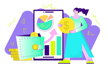 Violet concept Financial planning with people scene in the flat cartoon design. Woman analyzes and allocates her money for different expenses