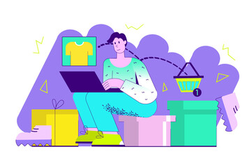 Online shopping violet concept with people scene in the flat cartoon design. Man sits at a laptop, chooses goods and orders with online delivery