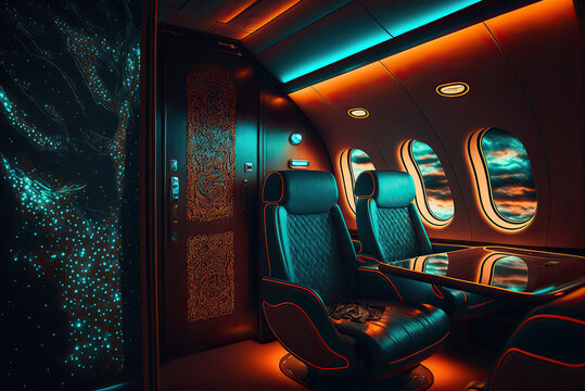 Interior of an empty luxury charter airplane interior with leather seats, windows, LED ambient lights, reflective table, flight during sunset, generative AI, business, class