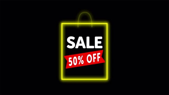 Animated Discount neon Tag -50 percent of Sales on black background. Marketing promotion shopping video. Sale discount and retail business concept. 3d animation cartoon.