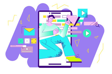 Violet concept Marketing with people scene in the flat cartoon design. Marketer works with a tablet and promotes various products on the Internet