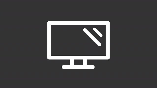 Animated display white line icon. Home electric appliance. Computer. Loop HD video with chroma key, alpha channel on transparent background, black solid background. Outline motion graphic animation