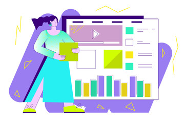 Violet concept UI UX programming with people scene in the flat cartoon style. Employee checks all the requirements for the created website