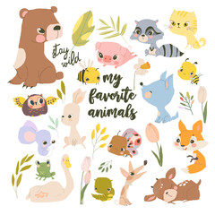 Set of Cute Woodland Animals on White Background