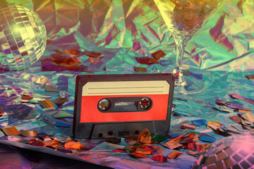 old cassette tape, disco ball and cocktail glass on crumpled neon background.retro and nostalgia style. vintage music, party concept.Y2K design trend
