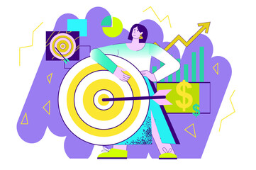 Fototapeta premium Business target violet concept with people scene in the flat cartoon style. Businesswoman selects a part of the work that needs to be given the most attention