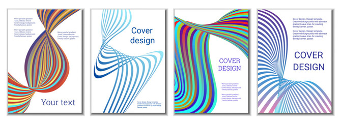 A set of 4 abstract covers. Wavy parallel gradient lines, ribbons evolve. Cover design, background. Trendy banner, poster.