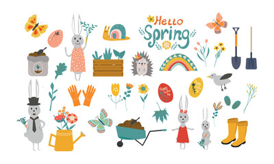 Easter spring set with cute eggs, birds, butterflies and other elements. Hand drawn flat cartoon elements. Vector illustration