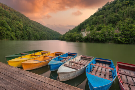Multiсolored Boats at The Pier on Lake Hamori in Lillafured. Miskolc, Hangary.