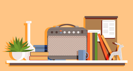 Wooden shelf with decor items. Cartoon design style bookshelf with different interior things potted plant, box and books, radio, vase and cup. Hanging shelf with decorations. Office or home furniture