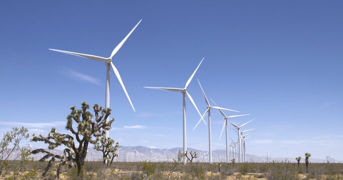 Wide view of turbines operating on scrubby desert land at a wind farm near the Tehachapi Mountains in California.  Blue sky with a few clouds in the distance.