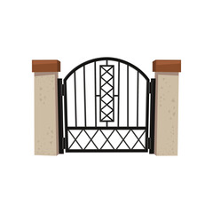 Wrought iron fence gate with stone wall vector illustration. Manor barrier with closed door, ornaments and decoration isolated on white background. Entrance, city concept