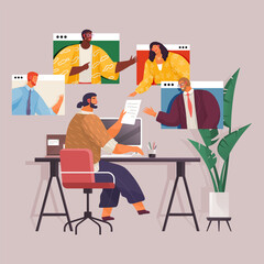 Online conference flat illustration. Man using computer to have video call with colleague or friends. Video conferencing and online communication. Remote work in home office. Meeting on internet