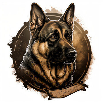 German shepherd head in a sign, white background. Generative AI