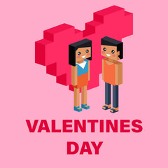 Valentine day concept. Red pixel heart flower with sweet couple on honeymoon vacation summer holidays romance. Love isometric concept. Happy Valentines Day. Love, honesty, romantic, relationship