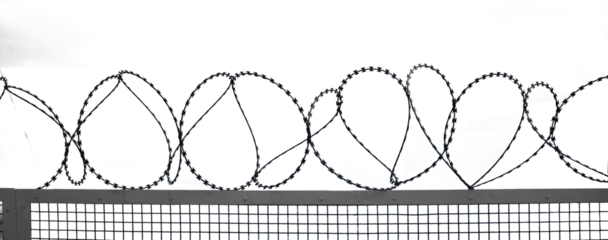 Barbed wire on metal fence, isolated, transparent png