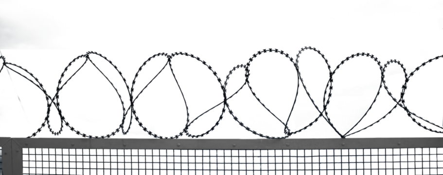 Barbed wire on metal fence, isolated, transparent png