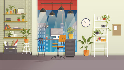 Workplace room, modern Interior, cabinet at night. Premises with computer. Colorful vector in flat style. Home office interior room for working with pc. Design of modern empty office working place
