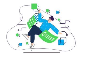Blue and green concept Metaverse with people scene in the flat cartoon style. Boy interacts with various digital objects in the virtual space