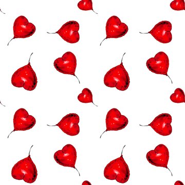 Seamless Pattern Of Red Foil Air Ballon. Heart Shaped Sign Of Love. Isolated Illustration On White Background For Textile Or Wrapping Paper.