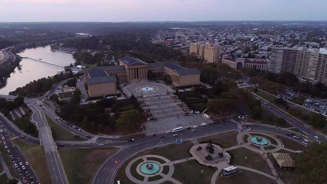 Philadelphia Museum of Art and Rocky Steps. Ericsson Fountain, Eli Kirk Price Fountain, The Oval in Foreground. Pennsylvania
