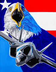 American patriotic painting with bald eagle, fighter jet and flag