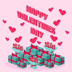 Valentine day pixel concept. 3d Gifts for boyfriend and girlfriend, wife and husband. Love isometric concept wallpaper, card. Happy Valentines Day 14 februare. Love, honesty, romantic, relationship