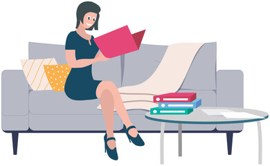 Female character sitting on sofa at office meeting holding folder with paper document, woman reading textbook. Student at lecture, conference secretary. Girl sitting at home on couch and reading