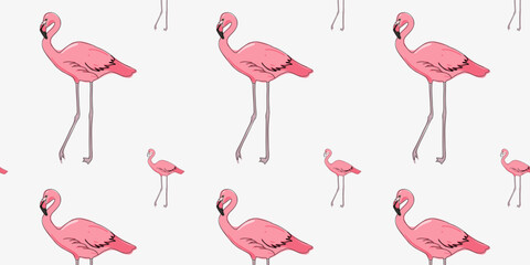 Seamless pattern with pink flamingos. Doodle vector illustration