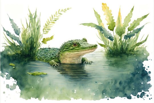 Cute baby crocodile in the lake. Watercolor painting of cute hatchling amphibian. Generative AI