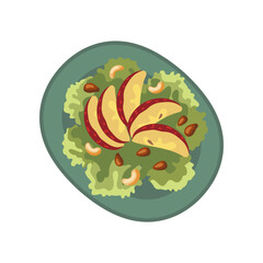 Top view of plate with apples, pecans and cashew on lettuce isolated on white background. Food for Thanksgiving dinner vector illustration. Harvesting, cuisine, food concept