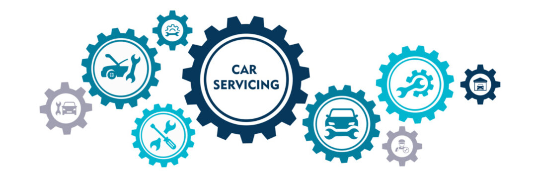 Banner Car Service And Repair. Vector Illustration Concept With Garage, Auto Machine, Service, Repairing, And Maintenance Industry Concept. White Background Icons Vector Illustration Design 