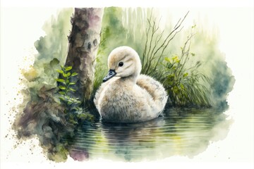 Cute cygnet in the swamp. Watercolor painting of cute young swan animals. Generative AI - obrazy, fototapety, plakaty