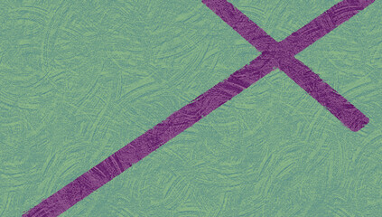 Fototapeta na wymiar purple cross on an angle across brushed green - blue - turquoise textural background