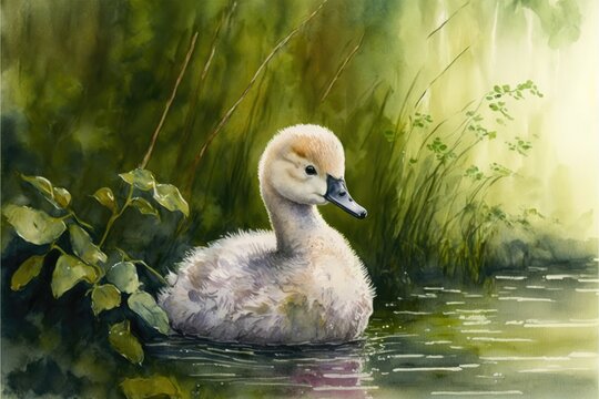 Cute cygnet in the swamp. Watercolor painting of cute young swan animals. Generative AI