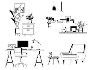 Set of various items for interior design of living room, office, apartment furnishings line art. Design of modern home office workplace. Creative workspace equipment furniture for room interior. Black