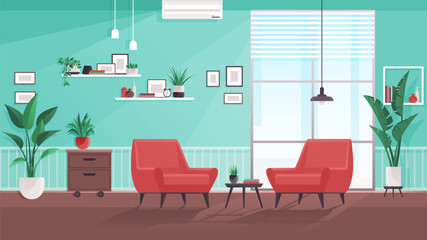 Interior design living room. Furniture in regular home with no people. Plants, chair, chest of drawers, shelf on wall and interior elements. Armchair red fabric. Hanging lamp, window on green wall