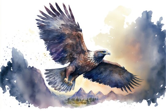 Cute eaglet is flying on sky. Watercolor painting of cute eagle bird wild animals. Generative AI