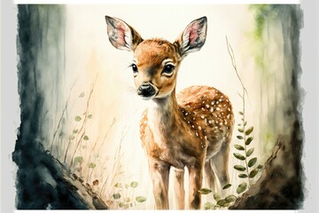Cute fawn in forest. Watercolor painting of cute deer wild animals. Generative AI