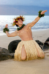 Young male hula dancer in a traditional Hawaiian hula pose.