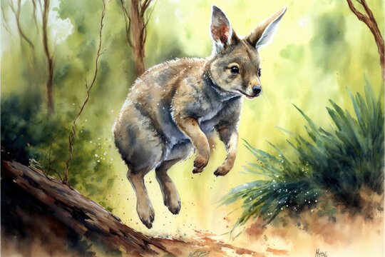Cute joey is jumping in forest. Watercolor painting of cute kangaroo wild animals. Generative AI