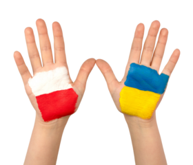 Two painted children's palms on isolated background. Flags of Poland and Ukraine. Unity solidarity help concept