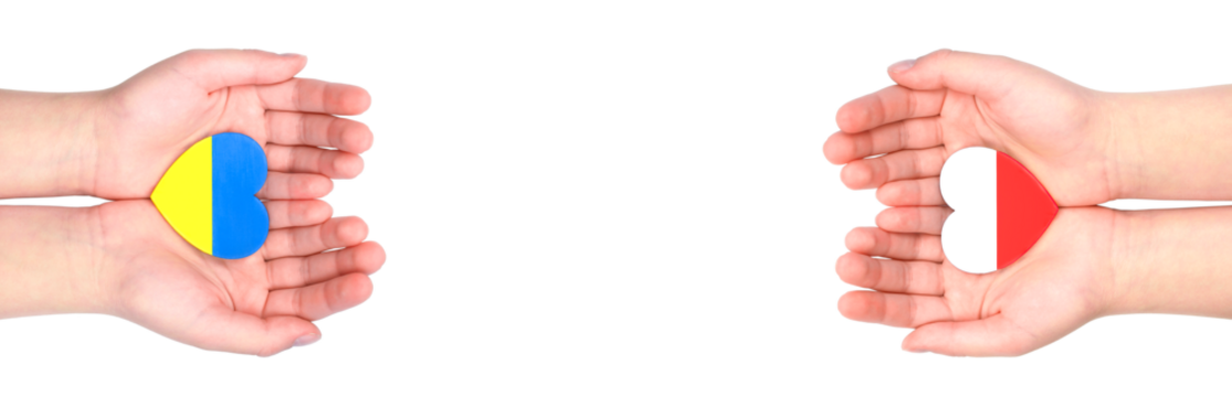 Children's hands hold two hearts with flags of Ukraine and Poland on white background. Concept of solidarity and friendship. Banner - Powered by Adobe