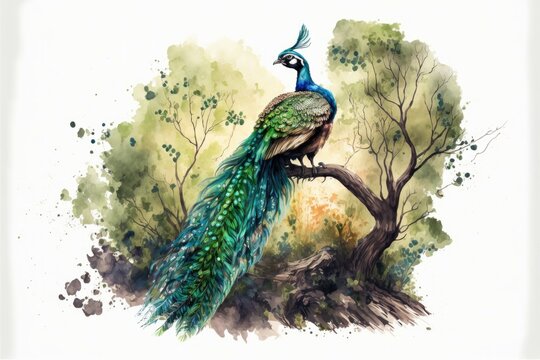Cute peacock spreading wings in the forest. Watercolor painting of cute bird animals. Generative AI