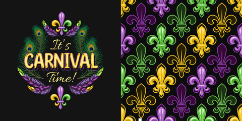 Set of label, seamless geometric pattern for Mardi gras carnival decoration. Fleur de lis, feathers, text on dark background. For prints, clothing, t shirt, holiday goods, stuff.