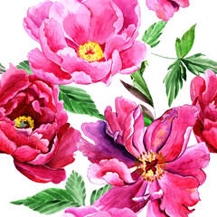 Watercolor pink peonies in a seamless pattern. Can be used as fabric, wallpaper, wrap.