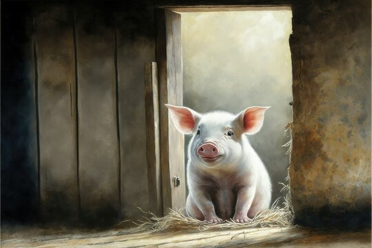 Cute piglet in the barn. Watercolor painting of cute pig farm animals. Generative AI