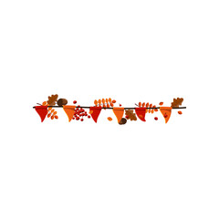 Autumn garland with leaves, acorns and flags. Vector illustration of fall garland. Cartoon garland with leaves and flags isolated on white. Thanksgiving decor concept